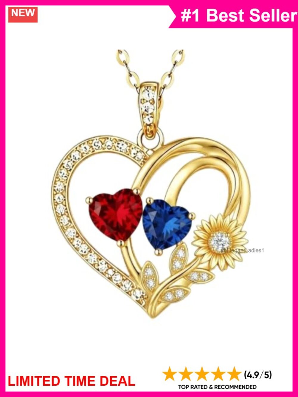 14K Gold Plated Heart Sunflower Pendant Necklace 18+2 Inch Adjustable Chain